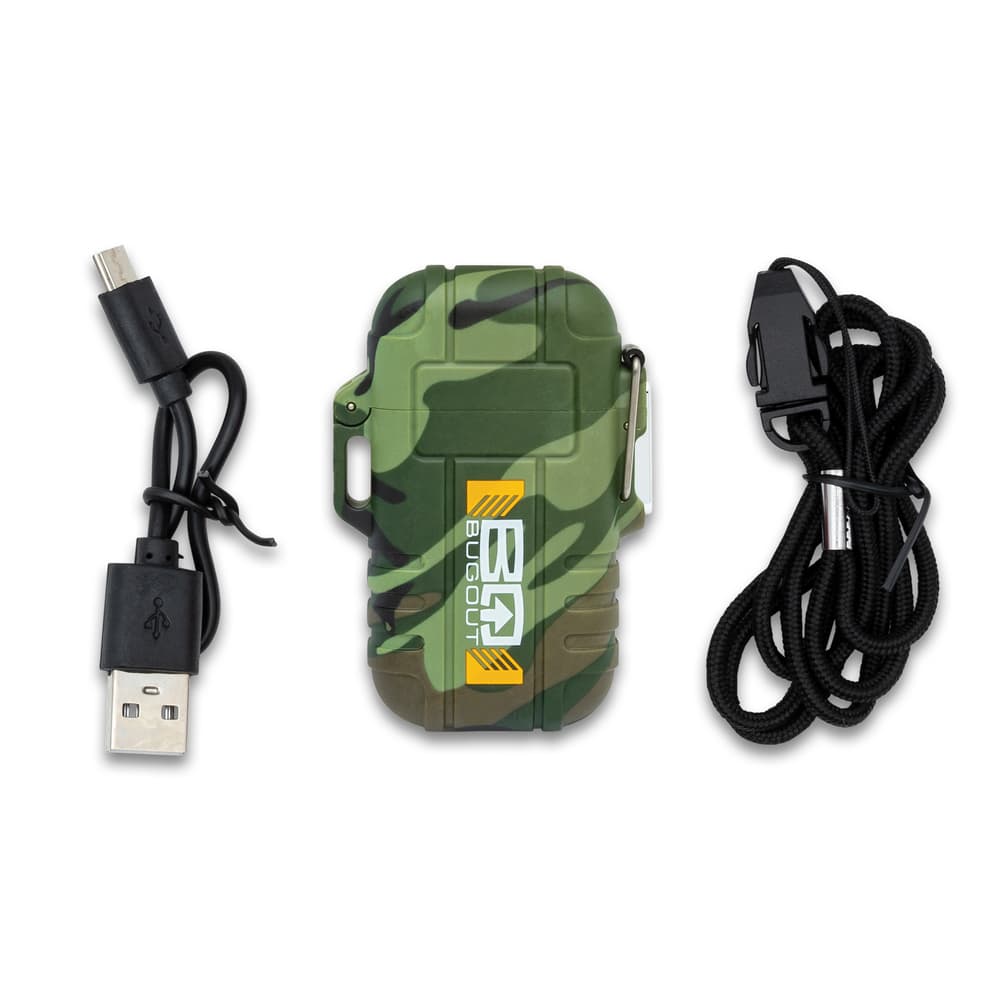 Full image of what is included with the Rechargeable Arc Lighter in camo. image number 1
